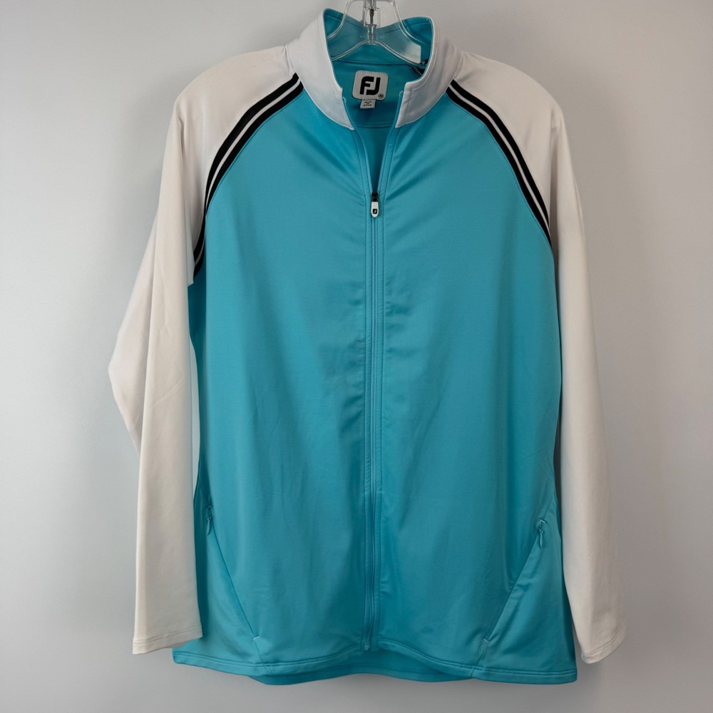 FootJoy Womens Golf‎ Jacket Medium Turquoise Blue White Full Zip Windmill Logo